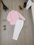 Pembe Dokulu Gömlek & Beyaz Gabardin Pantolon Erkek Kombin