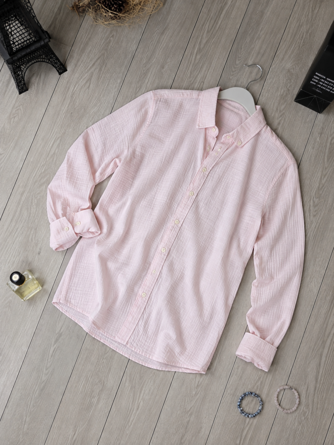 Pembe Dokulu Uzun Kollu Erkek Gömlek